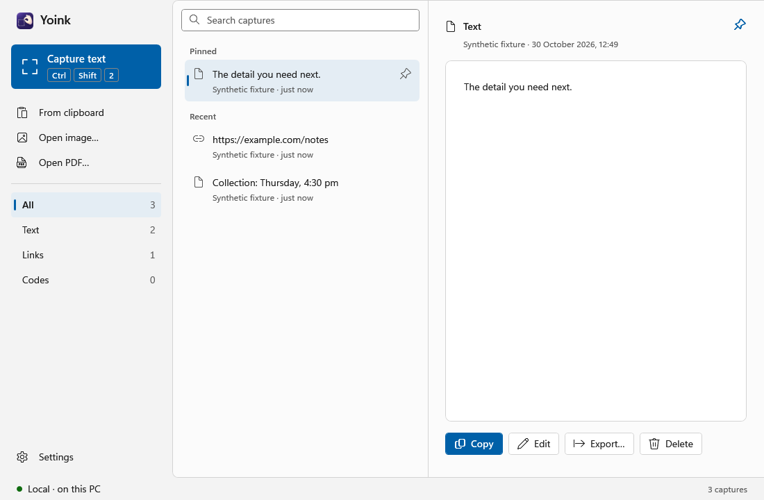 Yoink’s history window: a capture button, filters for All, Text, Links and Codes, a search box, pinned and recent captures, and Copy, Edit, Export and Delete buttons.
